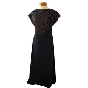 Jeffrey Dara Evenings Dress‎ 10 Black Velvet Sheer Lined Lace Short Sleeve Midi